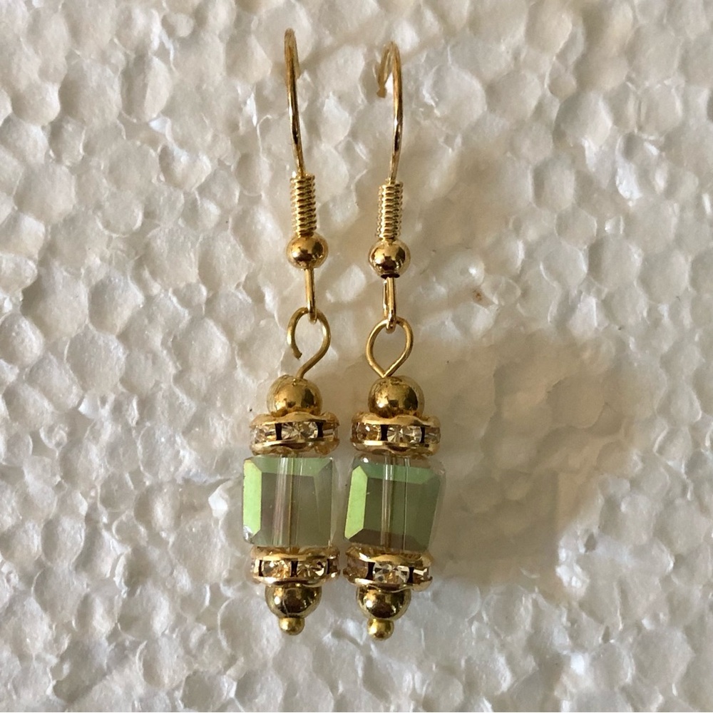 Handcrafted Gold and Green Cube Bead Earrings